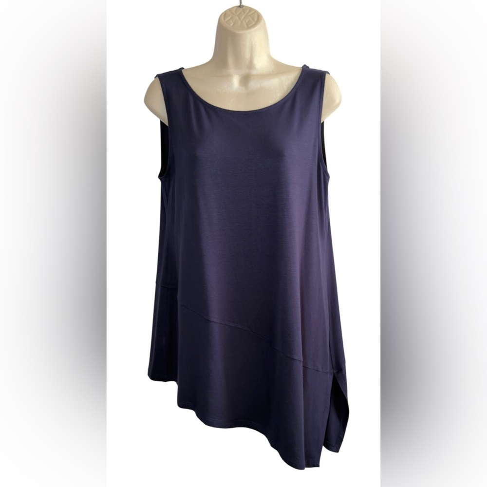 Eileen Fisher Size M Blue Asymmetric Hem Long Tank Top Slit Side NEW